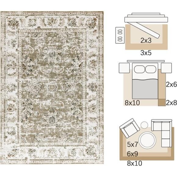 Washable Area Rug 4x6 Low Pile Bedroom Rug Indoor - Taupe Floral Print Stain - Picture 2 of 7
